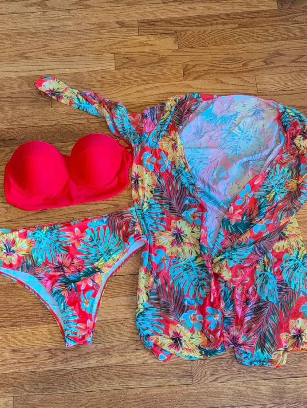 SHEIN Red Bikini Set with Tropical Floral Cover-Up
